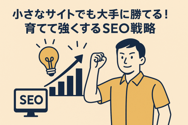 「小さなサイトでも大手に勝てる！育てて強くするSEO戦略」日本語タイトルと男性イラスト