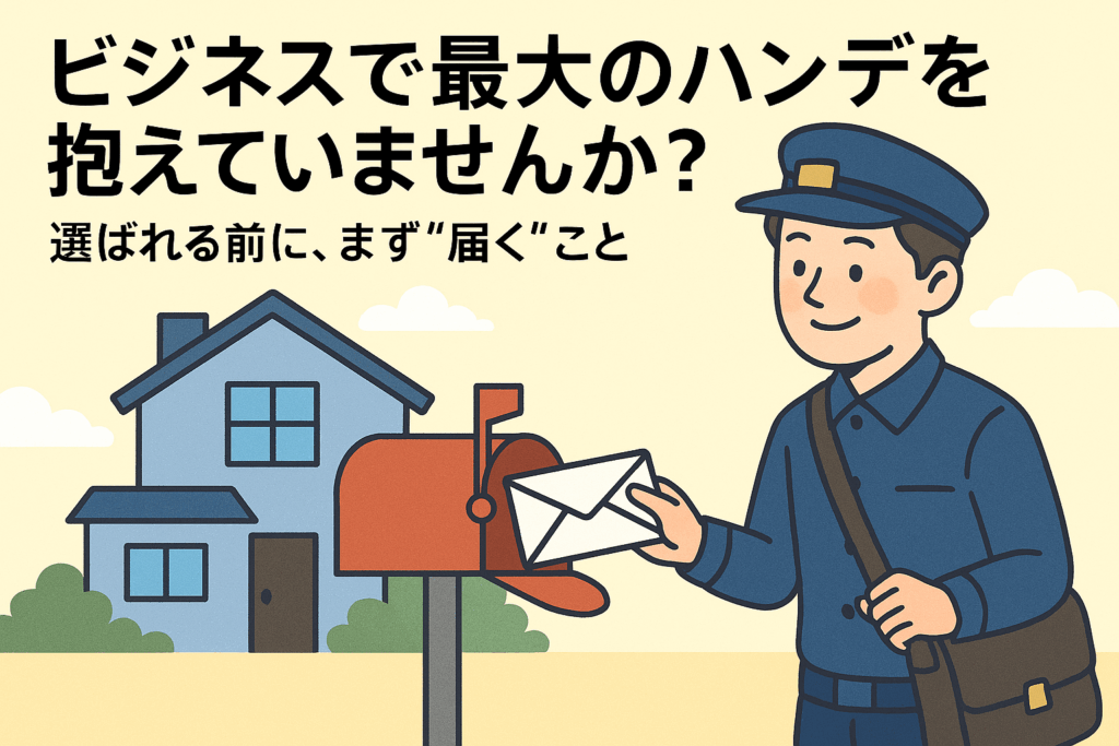郵便配達員が手紙を郵便受けに届ける様子を描いたイラスト。左上には「ビジネスで最大のハンデを抱えていませんか？ 選ばれる前に、まず“届く”こと」というメッセージが書かれている。