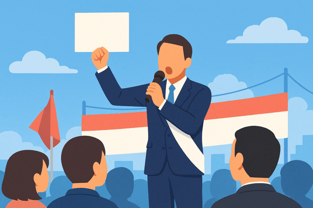 青空の下、スーツ姿の政治家が街頭演説で群衆に向かってマイクを握り、もう一方の手で白いプラカードを掲げている。背景には赤と白の旗と橋のような構造物、人々の後ろ姿が描かれ、シンプルで力強いメッセージ性を持つフラットスタイルのイラスト。