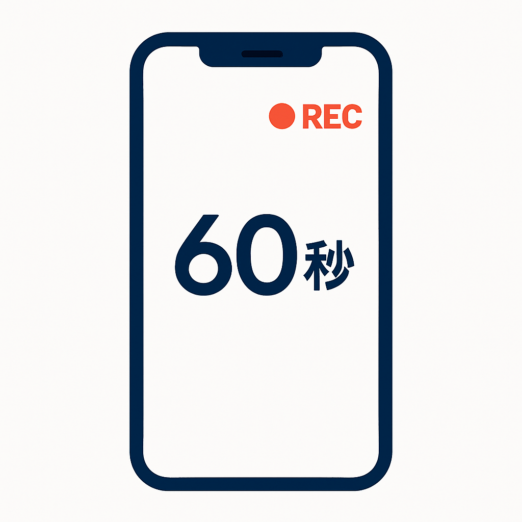 白背景にシンプルなスマホ画面と「60秒」の表示、録画マークが点灯しているデザイン