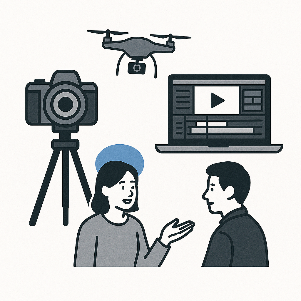 三脚のカメラ、ドローン、編集画面を映すPC、相談する人々を描いたイラスト