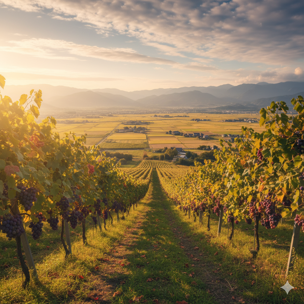 秋の光が差し込む山梨のぶどう畑と広がる田園風景