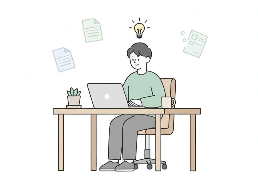 パソコンで書類を整理しながらアイデアを思いつく人のイラスト