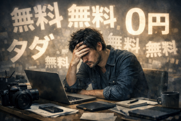 善意で依頼を引き受け続けたクリエイターが、追加作業や連絡に追われ、自分の首を絞めてしまっている仕事現場のイメージ