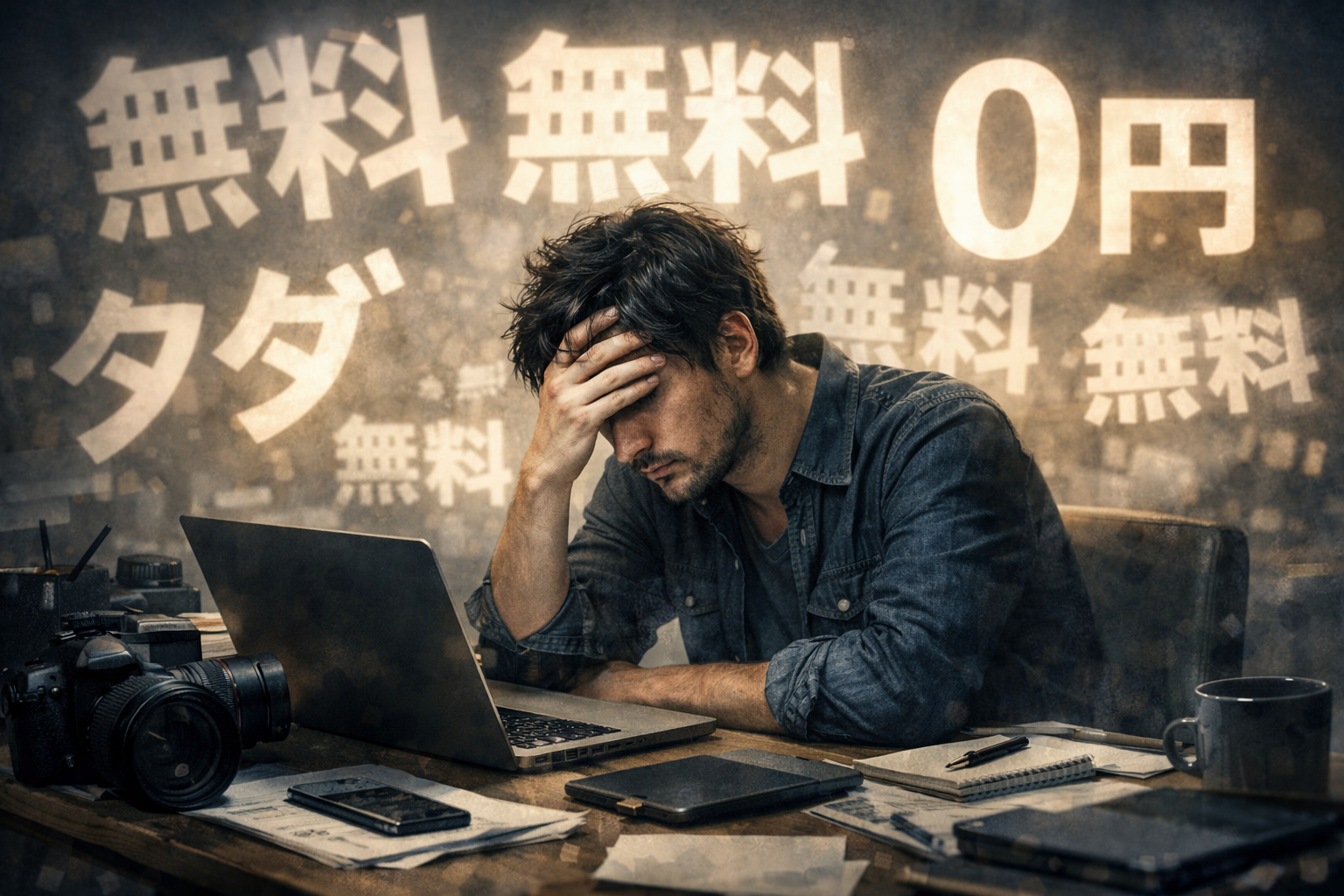 善意で依頼を引き受け続けたクリエイターが、追加作業や連絡に追われ、自分の首を絞めてしまっている仕事現場のイメージ