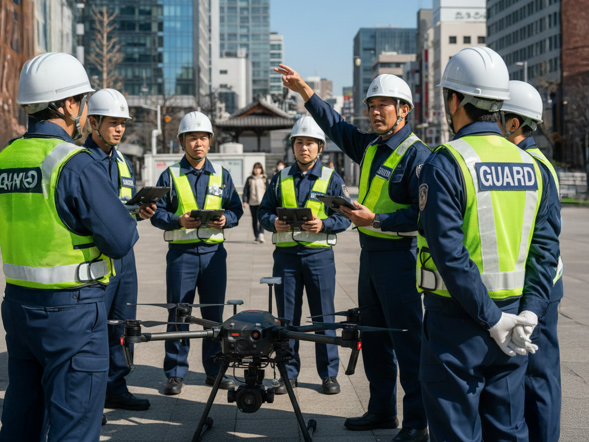 屋外でドローン講習を受ける警備員のグループ。