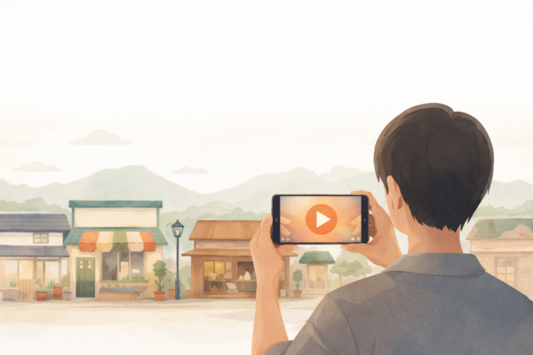 地方の商店街でスマートフォンを使ってショート動画を撮影する事業者のイラスト