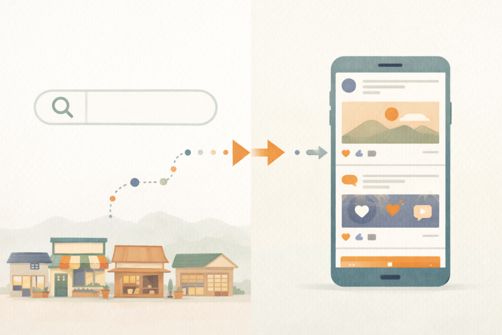 Google検索とSNSフィードの2つの経路で地方の店舗が見つけられる仕組みを表したイラスト