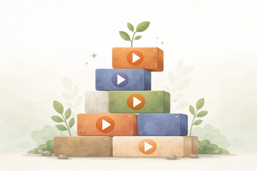 再生ボタン付きの動画ブロックが積み上がり、頂上から芽が伸びている資産としての動画を表すイラスト