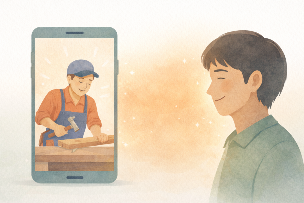 スマートフォン越しに職人の仕事ぶりを見て信頼感を得ている人のイラスト