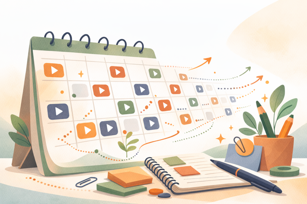 動画投稿のスケジュールが書かれたカレンダーとノートが並ぶ継続的な動画運用の計画イメージ