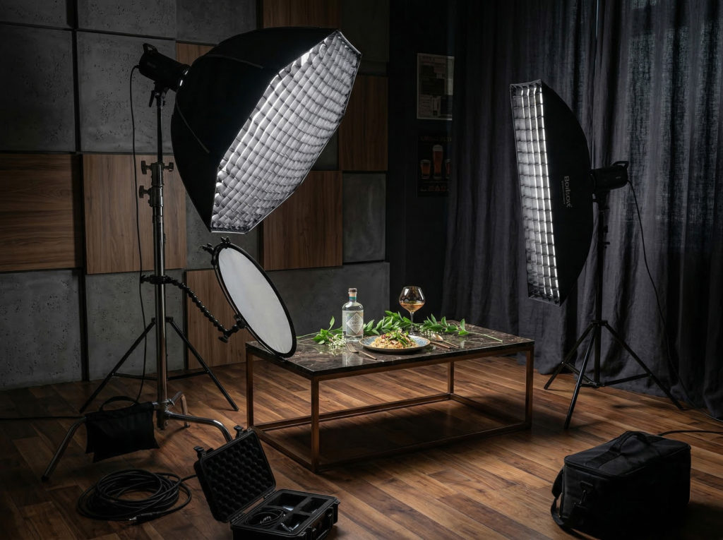 プロ用照明機材が並ぶ撮影スタジオのセットアップ。技術的に整った映像制作環境を表すイメージ