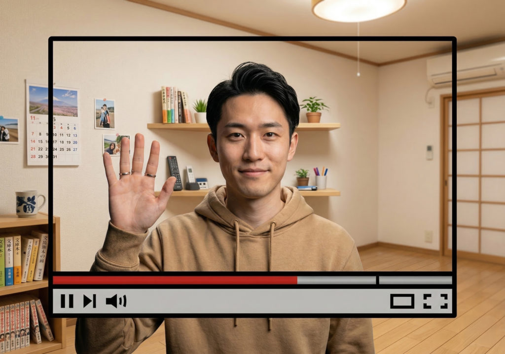 動画プレイヤーの画面越しに視聴者へ語りかける人物のイメージ。情報より人柄が伝わる映像発信を表す