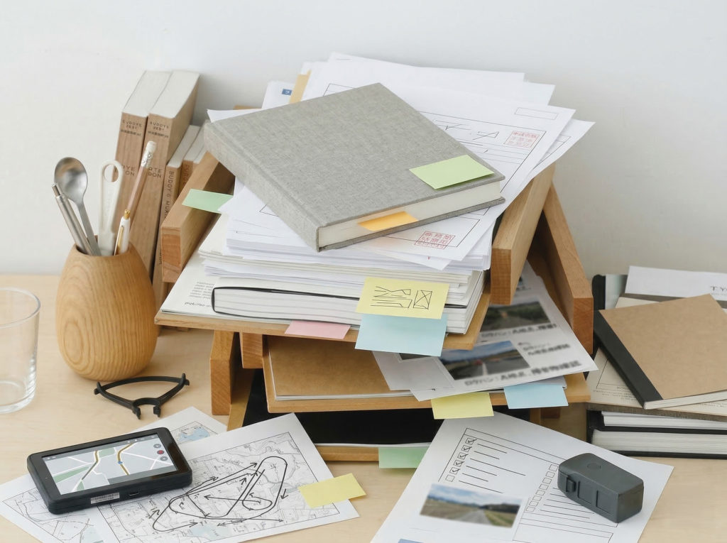 飛行ルートマップや申請書類、チェックリストが並ぶ作業デスク。ドローン撮影における見えない準備作業を表すイメージ